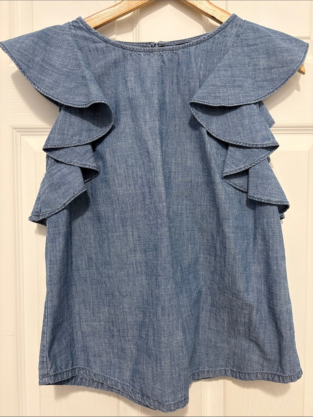 J Crew Blue Chambray Ruffle Shoulder Top